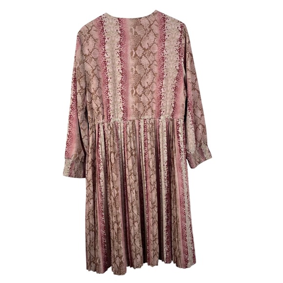 Porter XL Midi Dress Pink Snake Print Long Sleeve Pleated Skirt Boho Cottagecore - Picture 9 of 12